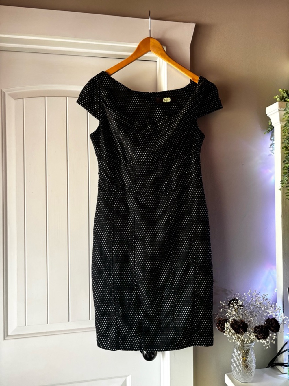 Vintage Eva Franco Black with White Polka Dot Cap Sleeve Midi Dress